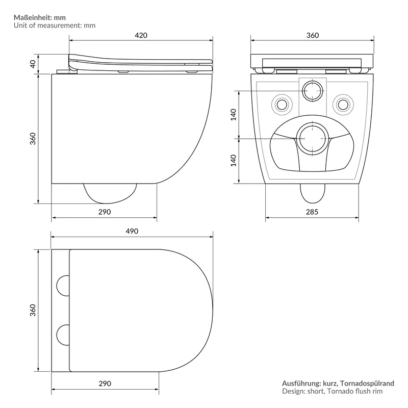 Wand-WC Hänge Toilette aus Keramik 49 cm kurz Spülrandlos mit Nanoversiegelung & Softclose Luxebath