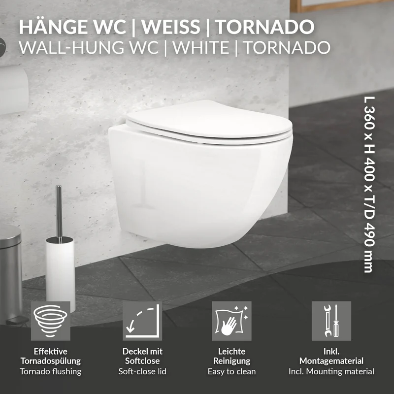 Wand-WC Hänge Toilette aus Keramik 49 cm kurz Spülrandlos mit Softclose Luxebath