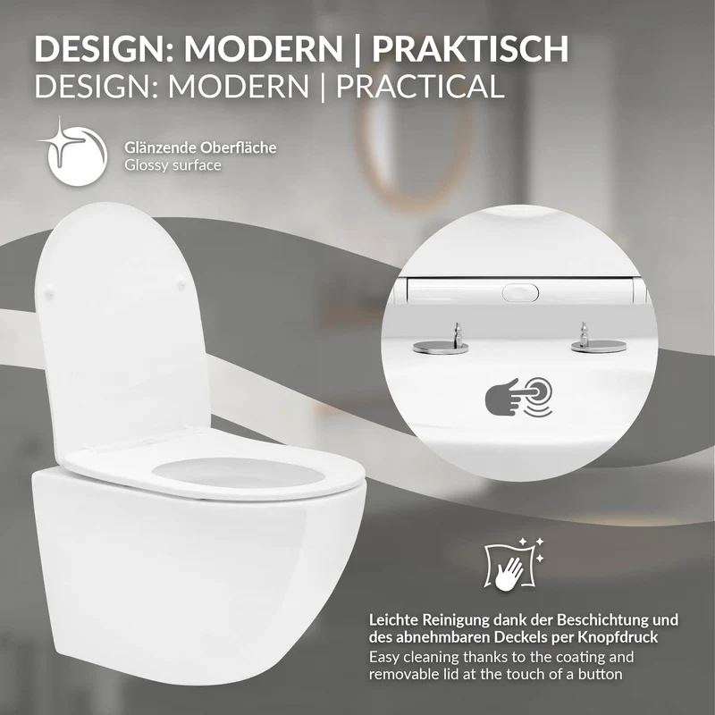 Wand-WC Hänge Toilette aus Keramik 49 cm kurz Spülrandlos mit Softclose Luxebath