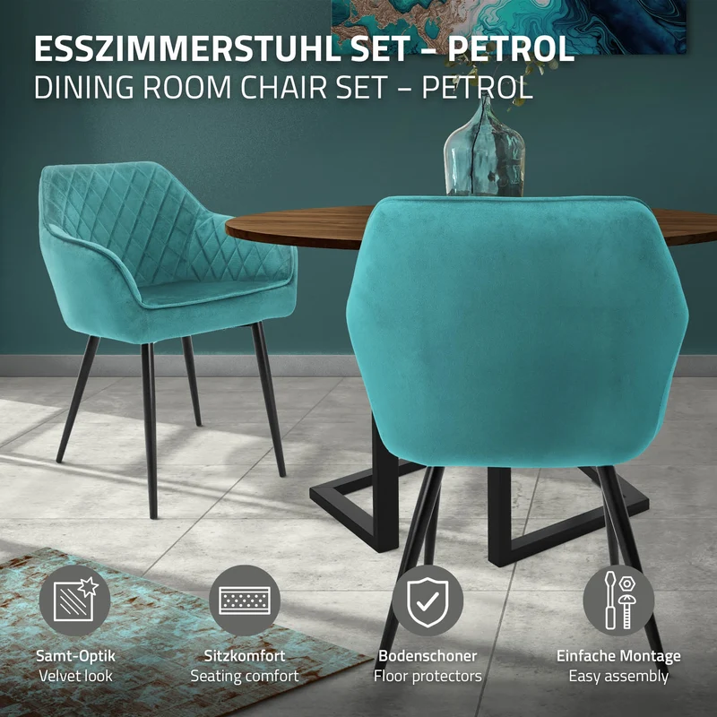 Esszimmerstuhl 2er Set Rauten Steppung mit Rücken- und Armlehnen Petrol Küchenstuhl mit Microfaser-Samtbezug ML-Design