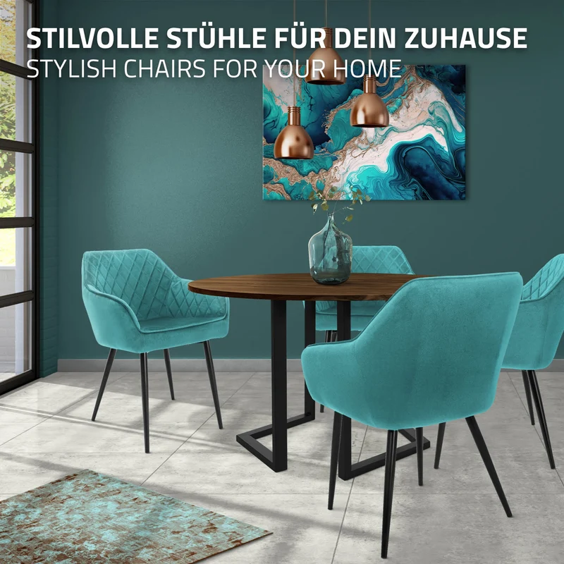 Esszimmerstuhl 2er Set Rauten Steppung mit Rücken- und Armlehnen Petrol Küchenstuhl mit Microfaser-Samtbezug ML-Design