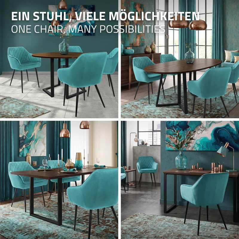 Esszimmerstuhl 2er Set Rauten Steppung mit Rücken- und Armlehnen Petrol Küchenstuhl mit Microfaser-Samtbezug ML-Design
