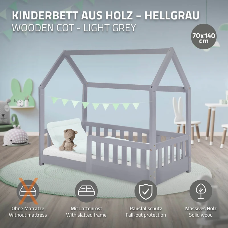 Kinderbett Hausbett 70x140 cm Hellgrau aus Kiefernholz mit Rausfallschutz Dach und Lattenrost Holzbett ML-Design