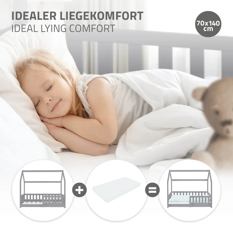Kinderbett Hausbett 70x140 cm Hellgrau aus Kiefernholz mit Rausfallschutz Dach und Lattenrost Holzbett ML-Design