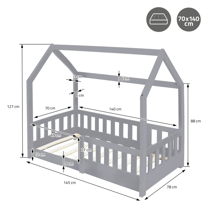 Kinderbett Hausbett 70x140 cm Hellgrau aus Kiefernholz mit Rausfallschutz Dach und Lattenrost Holzbett ML-Design