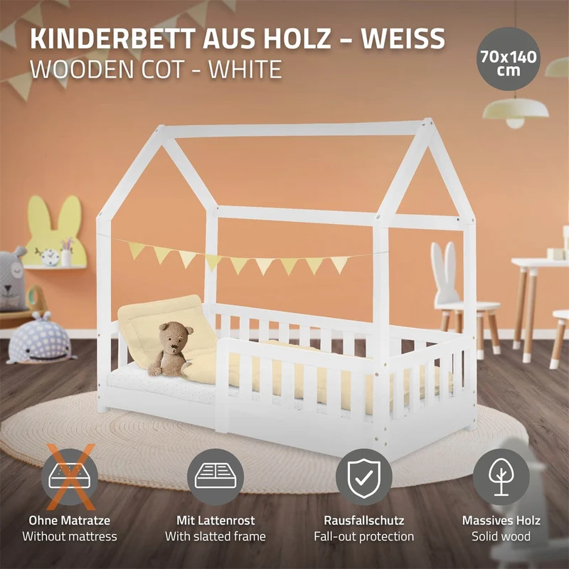 Kinderbett Hausbett 70x140 cm Weiß aus Kiefernholz mit Rausfallschutz Dach und Lattenrost Holzbett ML-Design