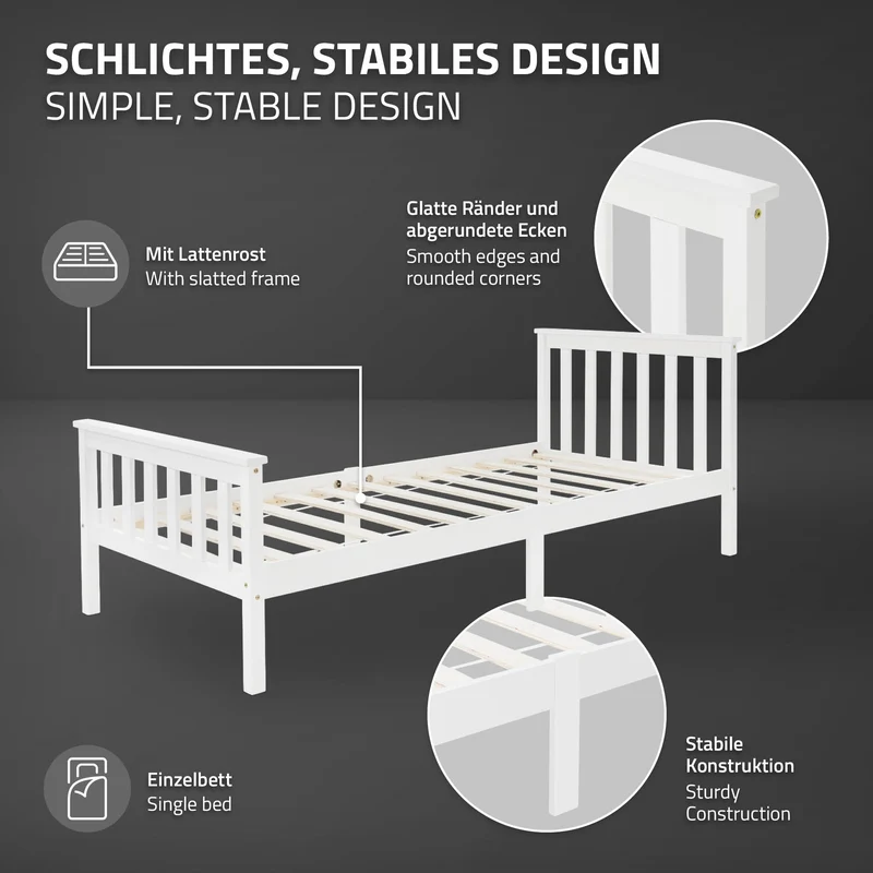 Bettgestell Einzelbett 90x200cm aus Kiefernholz in Weiß mit Lattenrost ML-Design