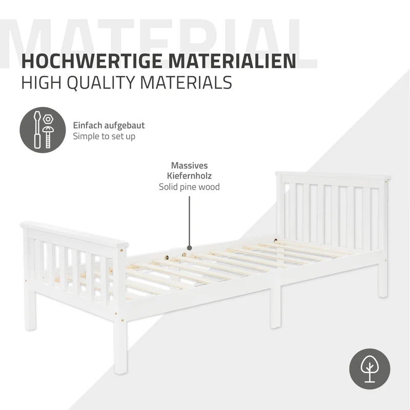 Bettgestell Einzelbett 90x200cm aus Kiefernholz in Weiß mit Lattenrost ML-Design
