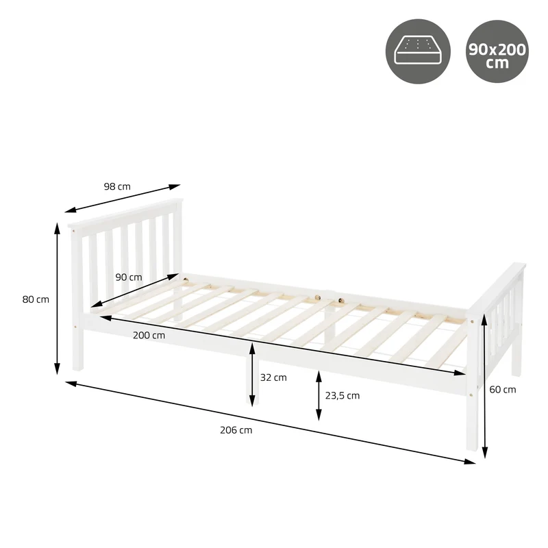 Bettgestell Einzelbett 90x200cm aus Kiefernholz in Weiß mit Lattenrost ML-Design