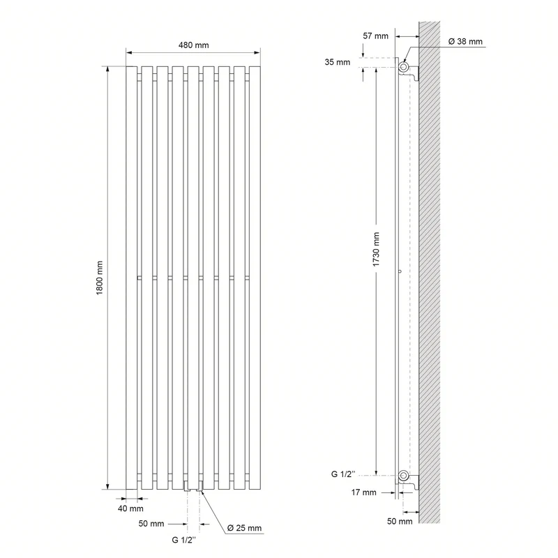 Badheizkörper Stella 480x1800 mm Anthrazit