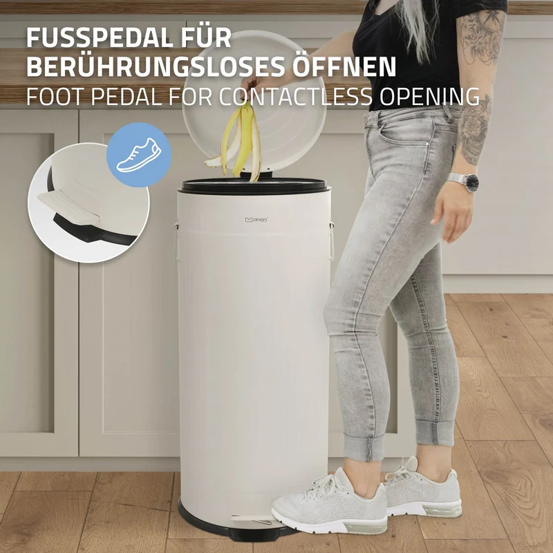 ML-DESIGN | Mülleimer 30L mit Fußpedal & Softclose-Deckel aus Stahl Beige Abfalleimer für Küche Tretmülleimer mit Inneneimer Retro Küchenmülleimer