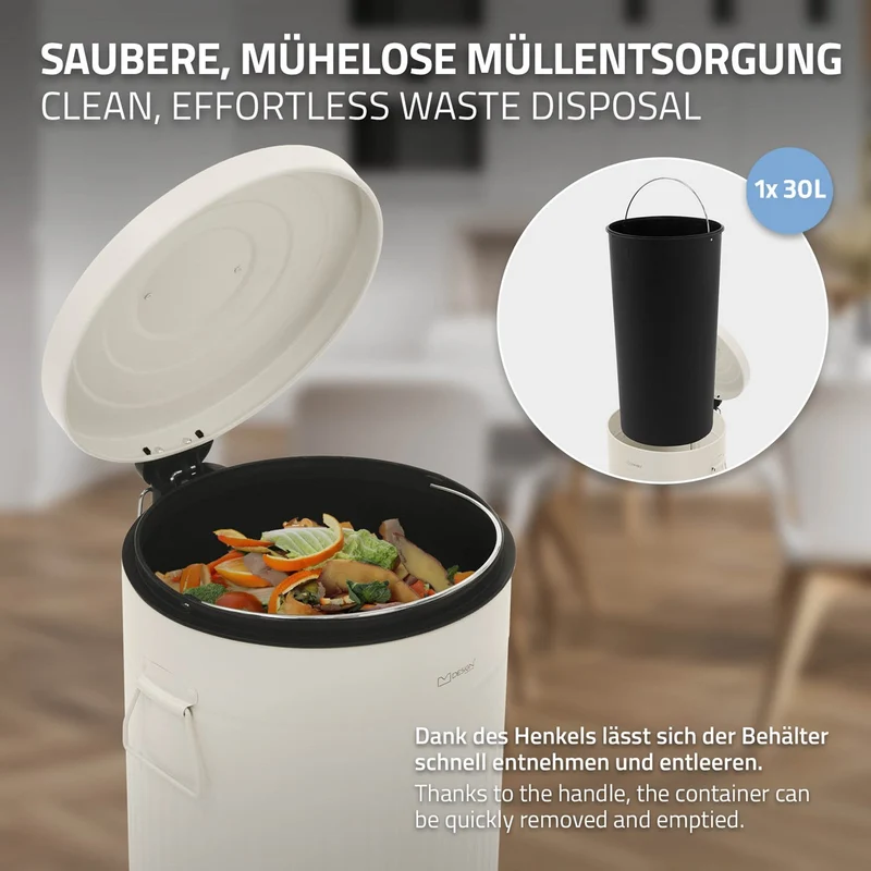 ML-DESIGN | Mülleimer 30L mit Fußpedal & Softclose-Deckel aus Stahl Beige Abfalleimer für Küche Tretmülleimer mit Inneneimer Retro Küchenmülleimer
