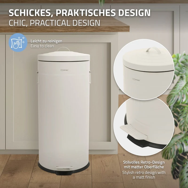 ML-DESIGN | Mülleimer 30L mit Fußpedal & Softclose-Deckel aus Stahl Beige Abfalleimer für Küche Tretmülleimer mit Inneneimer Retro Küchenmülleimer
