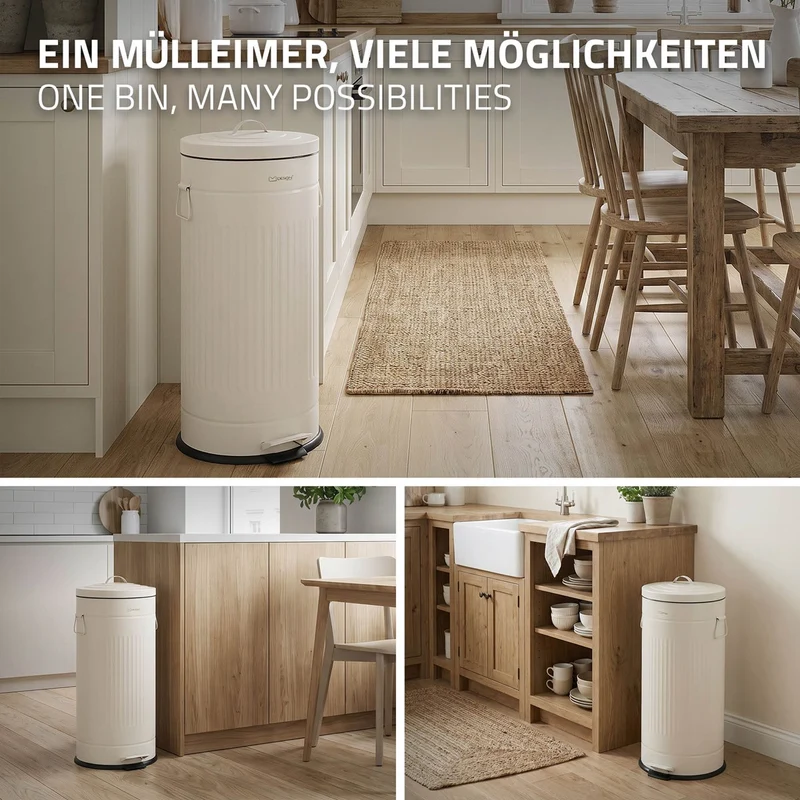 ML-DESIGN | Mülleimer 30L mit Fußpedal & Softclose-Deckel aus Stahl Beige Abfalleimer für Küche Tretmülleimer mit Inneneimer Retro Küchenmülleimer