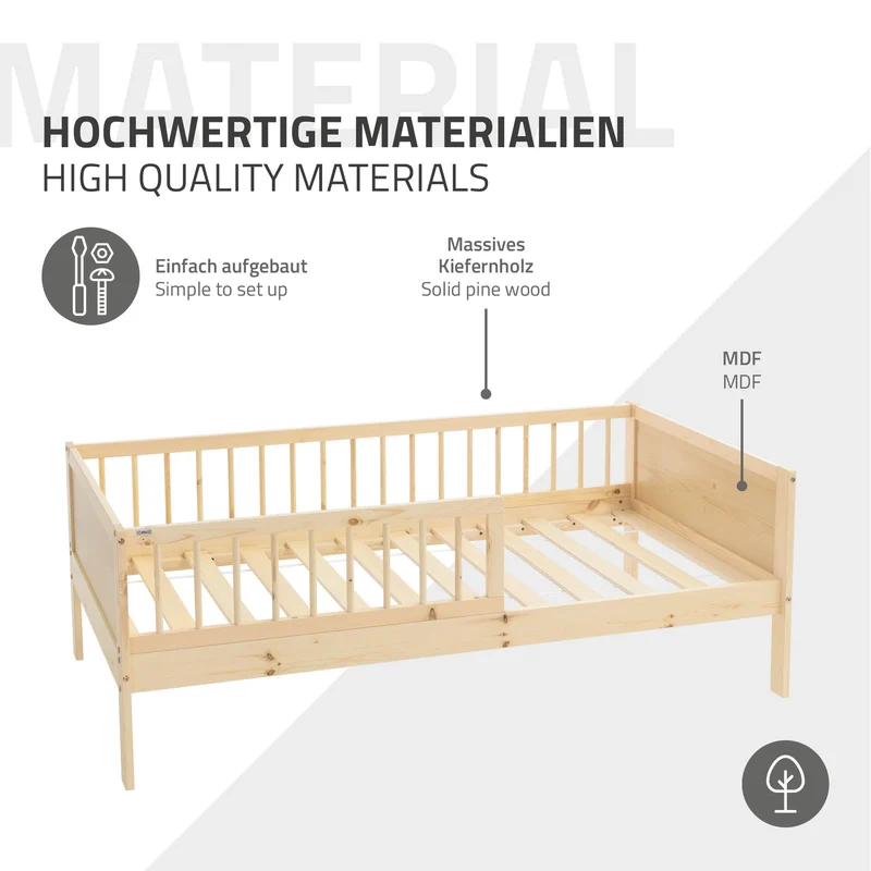 B-Ware Kinderbett 80x160 cm mit Lattenrost und Rausfallschutz Natur Kiefernholz ML-Design