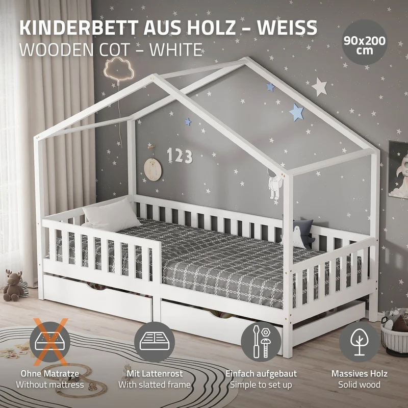 Kinderbett Hausbett mit 2 Schubkasten 90x200 cm Weiß aus Kiefernholz mit Rausfallschutz und Lattenrost ML-Design