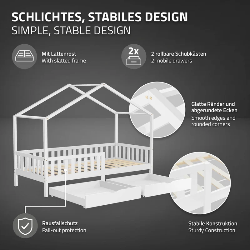 Kinderbett Hausbett mit 2 Schubkasten 90x200 cm Weiß aus Kiefernholz mit Rausfallschutz und Lattenrost ML-Design