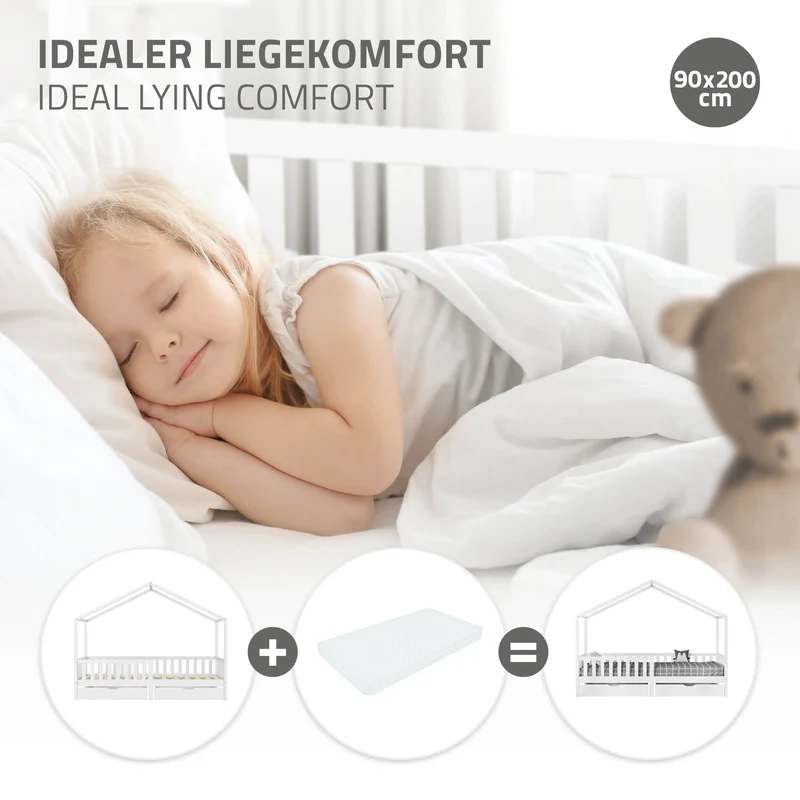 Kinderbett Hausbett mit 2 Schubkasten 90x200 cm Weiß aus Kiefernholz mit Rausfallschutz und Lattenrost ML-Design