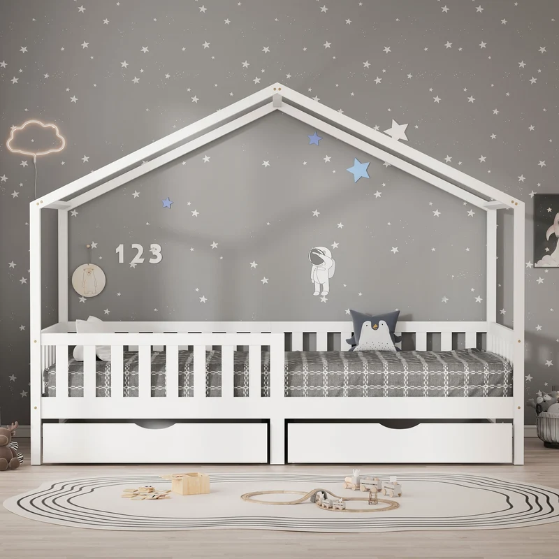 Kinderbett Hausbett mit 2 Schubkasten 90x200 cm Weiß aus Kiefernholz mit Rausfallschutz und Lattenrost ML-Design