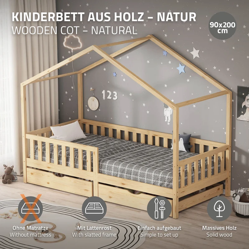 Kinderbett Hausbett mit 2 Schubkasten 90x200 cm Natur aus Kiefernholz mit Rausfallschutz und Lattenrost ML-Design