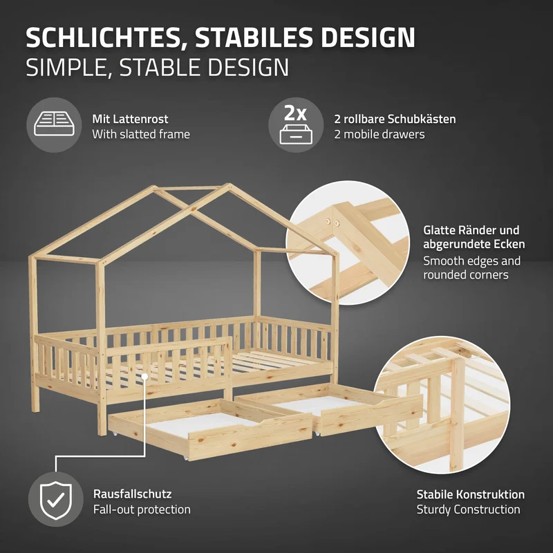 Kinderbett Hausbett mit 2 Schubkasten 90x200 cm Natur aus Kiefernholz mit Rausfallschutz und Lattenrost ML-Design