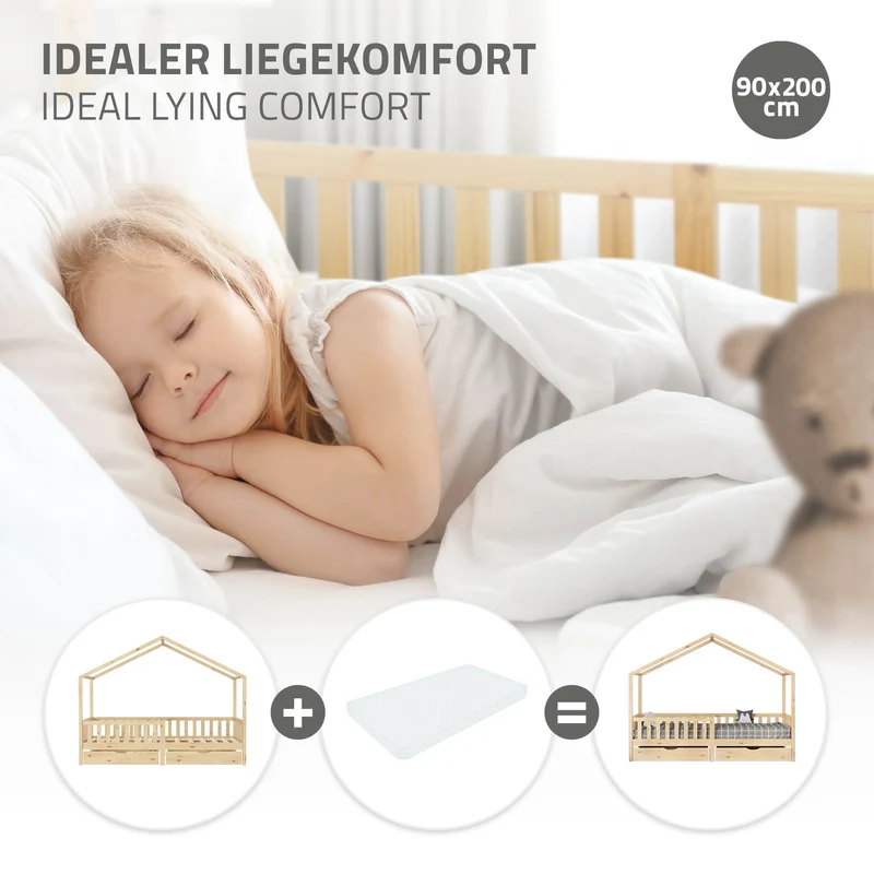Kinderbett Hausbett mit 2 Schubkasten 90x200 cm Natur aus Kiefernholz mit Rausfallschutz und Lattenrost ML-Design