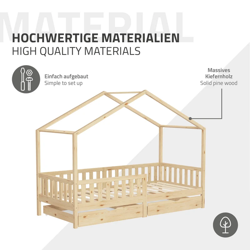 Kinderbett Hausbett mit 2 Schubkasten 90x200 cm Natur aus Kiefernholz mit Rausfallschutz und Lattenrost ML-Design
