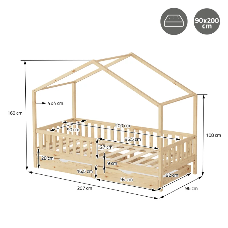 Kinderbett Hausbett mit 2 Schubkasten 90x200 cm Natur aus Kiefernholz mit Rausfallschutz und Lattenrost ML-Design