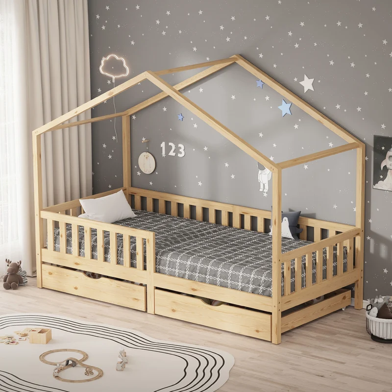 Kinderbett Hausbett mit 2 Schubkasten 90x200 cm Natur aus Kiefernholz mit Rausfallschutz und Lattenrost ML-Design