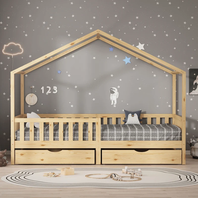 Kinderbett Hausbett mit 2 Schubkasten 90x200 cm Natur aus Kiefernholz mit Rausfallschutz und Lattenrost ML-Design