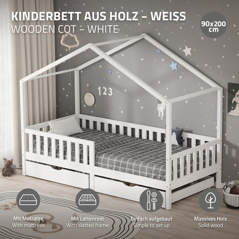 Kinderbett Hausbett 90x200 cm Weiß aus Kiefernholz mit Matratze H:10cm, 2 Schubkasten, Rausfallschutz & Lattenrost ML-Design