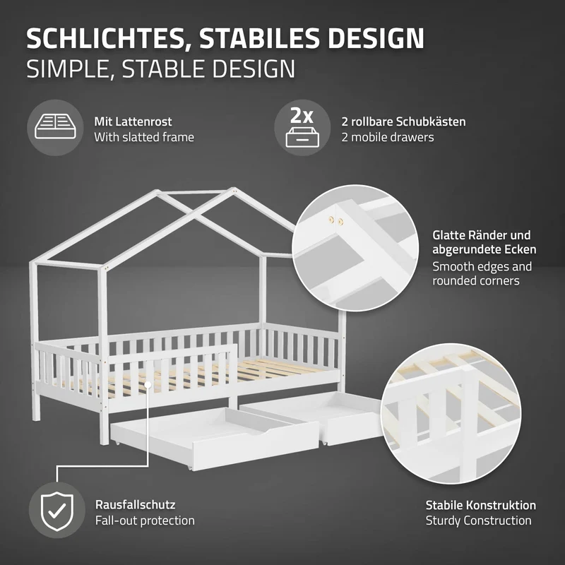 Kinderbett Hausbett 90x200 cm Weiß aus Kiefernholz mit Matratze H:10cm, 2 Schubkasten, Rausfallschutz & Lattenrost ML-Design