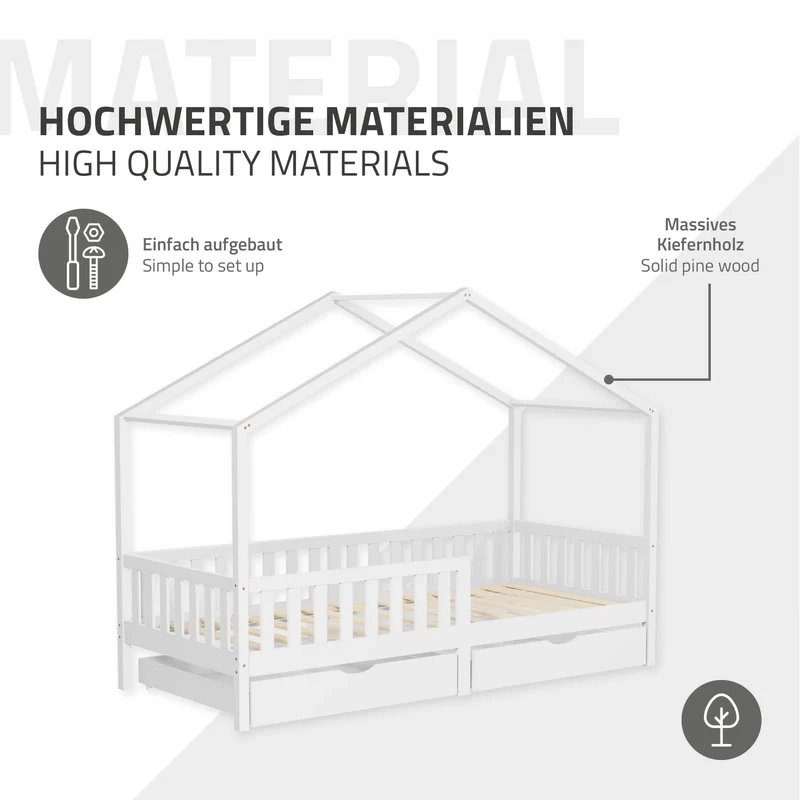 Kinderbett Hausbett 90x200 cm Weiß aus Kiefernholz mit Matratze H:10cm, 2 Schubkasten, Rausfallschutz & Lattenrost ML-Design