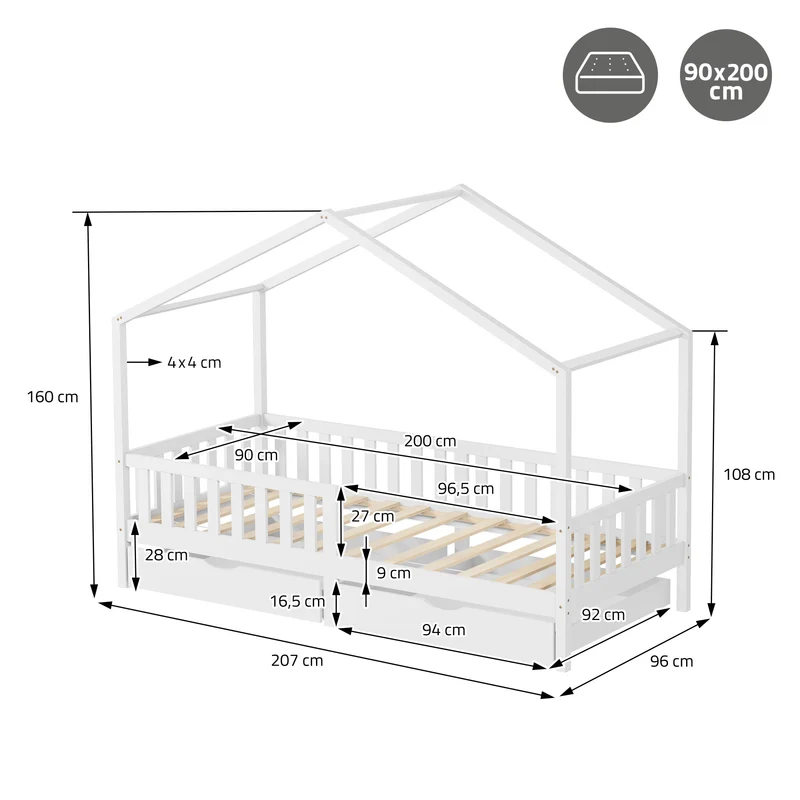 Kinderbett Hausbett 90x200 cm Weiß aus Kiefernholz mit Matratze H:10cm, 2 Schubkasten, Rausfallschutz & Lattenrost ML-Design