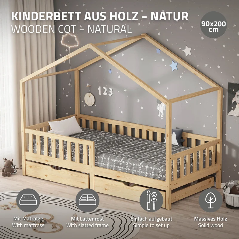 Kinderbett Hausbett 90x200 cm Natur aus Kiefernholz mit Matratze H:10cm, 2 Schubkasten, Rausfallschutz & Lattenrost ML-Design