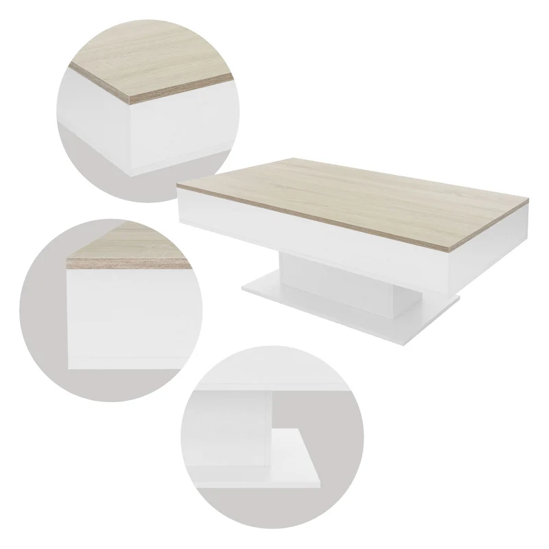 B-Ware Couchtisch 110x60x40 cm Weiß/Eiche-Optik inkl. 2 Staufächern unter Schiebeplatte ML-Design