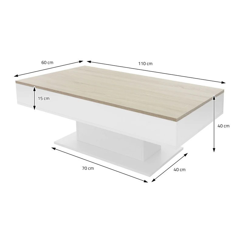 B-Ware Couchtisch 110x60x40 cm Weiß/Eiche-Optik inkl. 2 Staufächern unter Schiebeplatte ML-Design