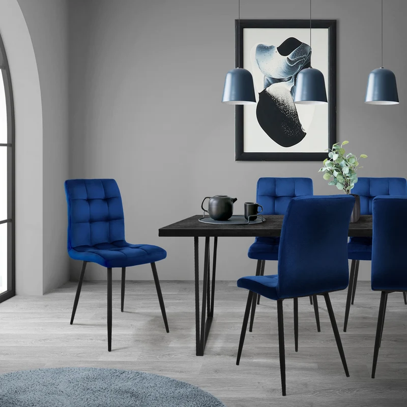 B-Ware Esszimmerstuhl 4er Set Große Quadrat Steppung Dunkelblau Samtbezug mit Metallbeinen inkl. Montagematerial ML-Design