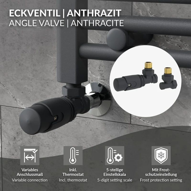 LuxeBath | Heizkörperventil 1/2 Zoll aus Messing Anthrazit Heizungsventil für Heizkörper Thermostatventil mit Rücklaufventil Eckventil Thermostatkopf