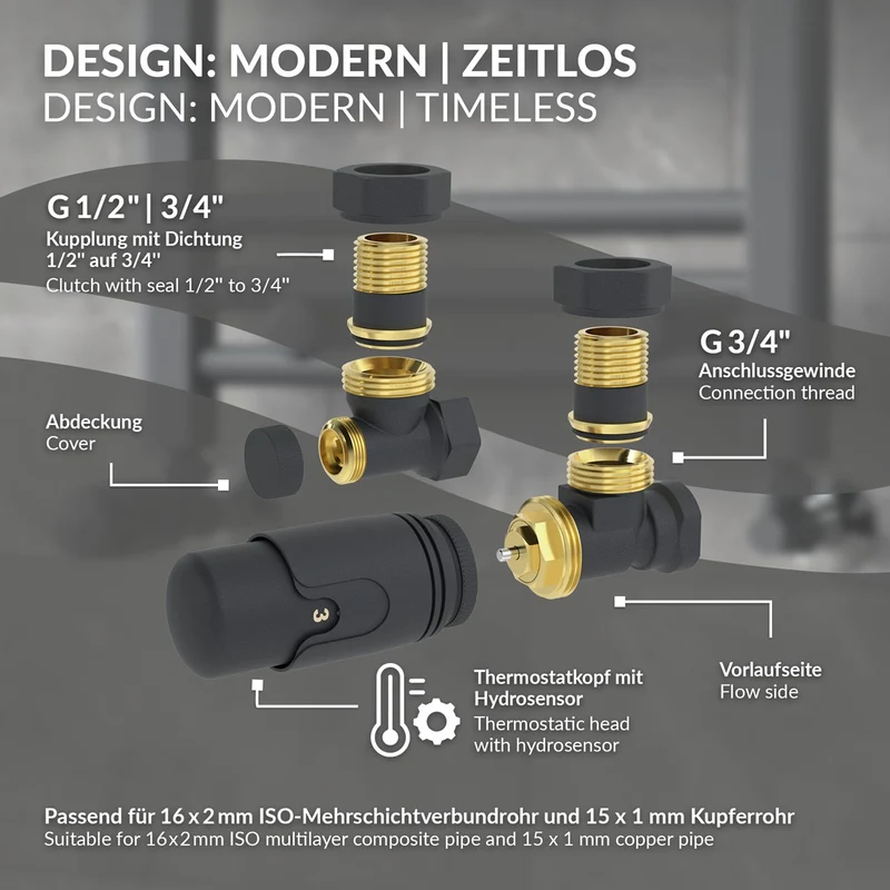LuxeBath | Heizkörperventil 1/2 Zoll aus Messing Anthrazit Heizungsventil für Heizkörper Thermostatventil mit Rücklaufventil Eckventil Thermostatkopf
