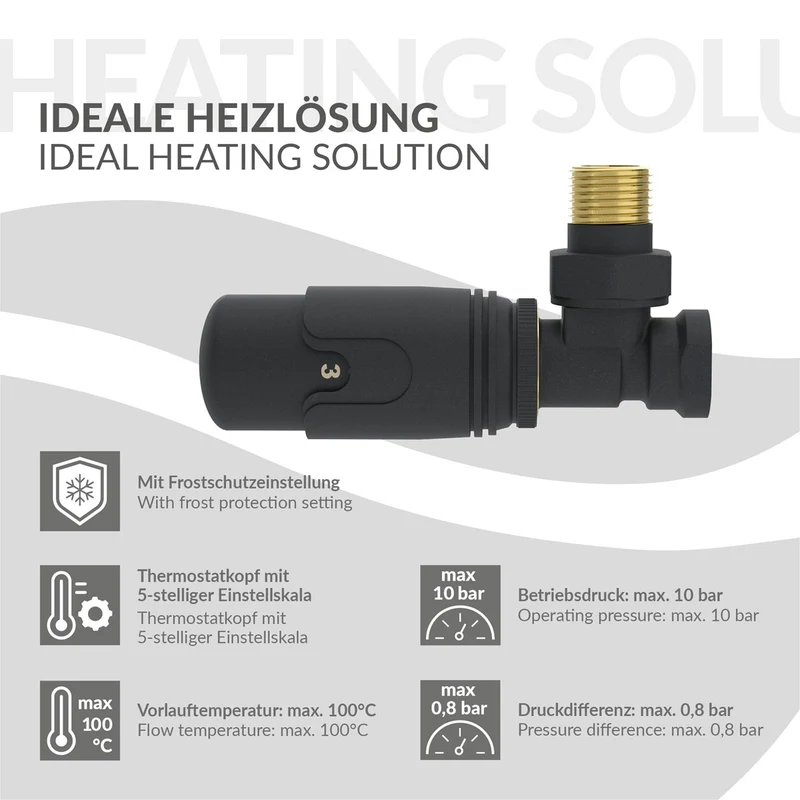 LuxeBath | Heizkörperventil 1/2 Zoll aus Messing Anthrazit Heizungsventil für Heizkörper Thermostatventil mit Rücklaufventil Eckventil Thermostatkopf