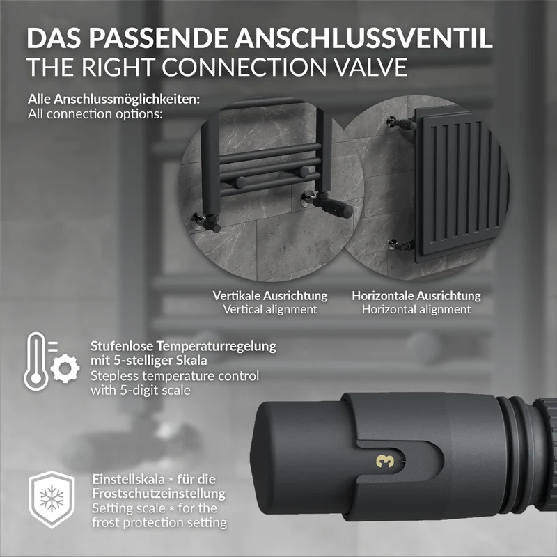 LuxeBath | Heizkörperventil 1/2 Zoll aus Messing Anthrazit Heizungsventil für Heizkörper Thermostatventil mit Rücklaufventil Eckventil Thermostatkopf