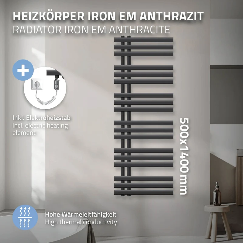 Badheizkörper Iron EM 500x1400 mm Anthrazit mit Heizstab 900W