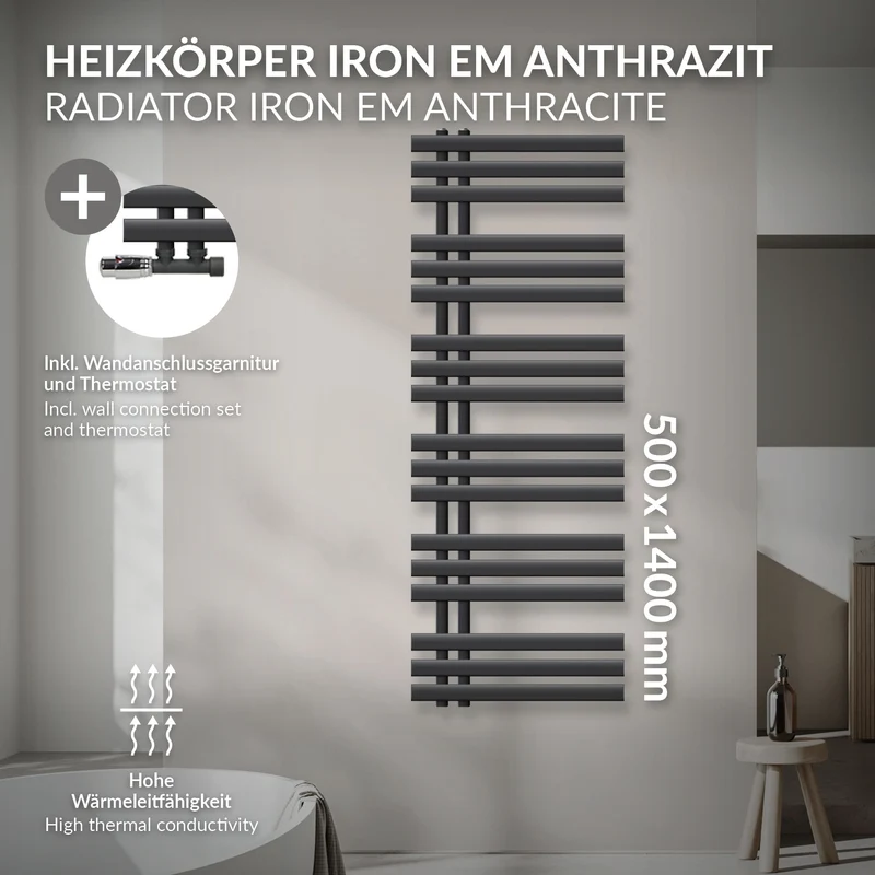 Badheizkörper Mittelanschluss 500x1400 mm Anthrazit mit Wand Anschlussgarnitur LuxeBath