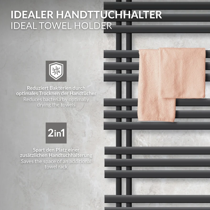Badheizkörper Mittelanschluss 500x1400 mm Anthrazit mit Wand Anschlussgarnitur LuxeBath