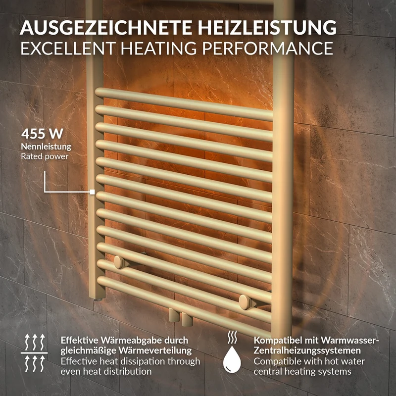 LuxeBath | Handtuchheizkörper mit Wand-Ventil 500x1200 mm Beige Badheizkörper gerade Mittelanschluss Handtuchtrockner Handtuchhalter für Badezimmer