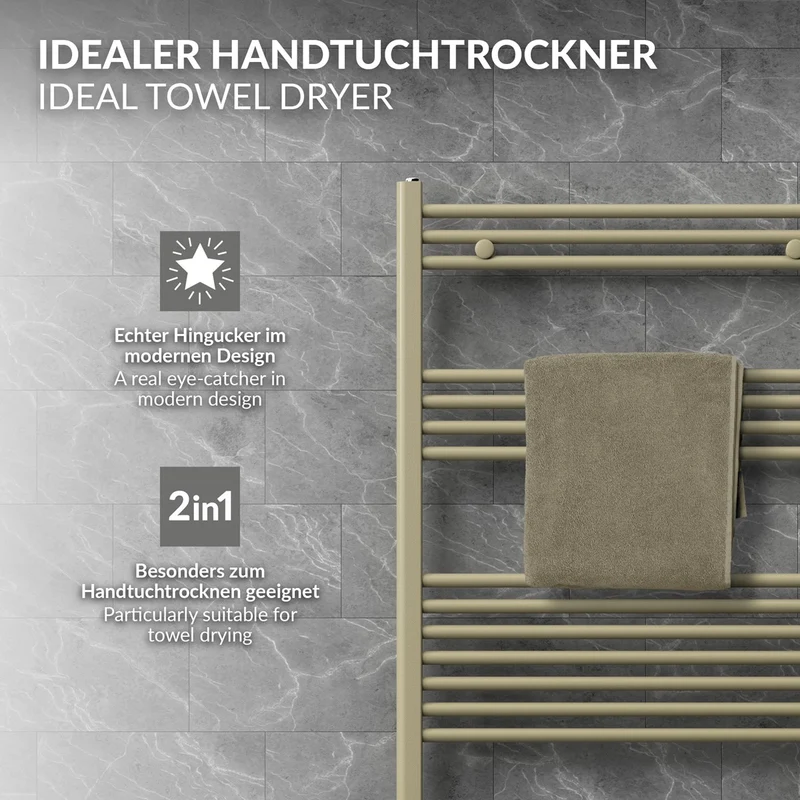 LuxeBath | Handtuchheizkörper mit Wand-Ventil 500x1200 mm Beige Badheizkörper gerade Mittelanschluss Handtuchtrockner Handtuchhalter für Badezimmer