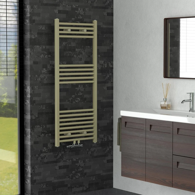 LuxeBath | Handtuchheizkörper mit Wand-Ventil 500x1200 mm Beige Badheizkörper gerade Mittelanschluss Handtuchtrockner Handtuchhalter für Badezimmer