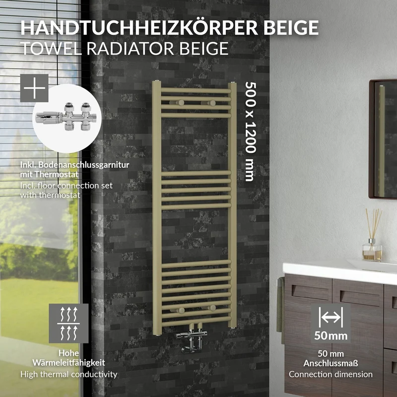 LuxeBath | Handtuchheizkörper mit Boden-Ventil 500x1200 mm Beige Badheizkörper gerade Mittelanschluss Handtuchtrockner Handtuchhalter für Badezimmer