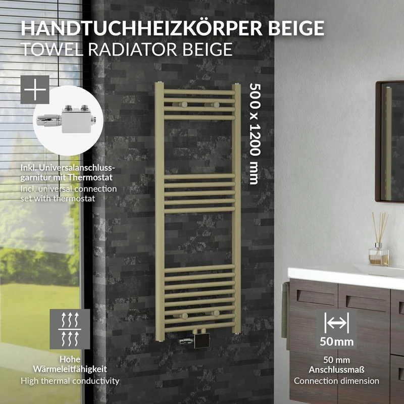 LuxeBath | Handtuchheizkörper mit Universal-Ventil 500x1200 mm Beige Badheizkörper mit Mittelanschluss Handtuchtrockner Handtuchhalter für Badezimmer